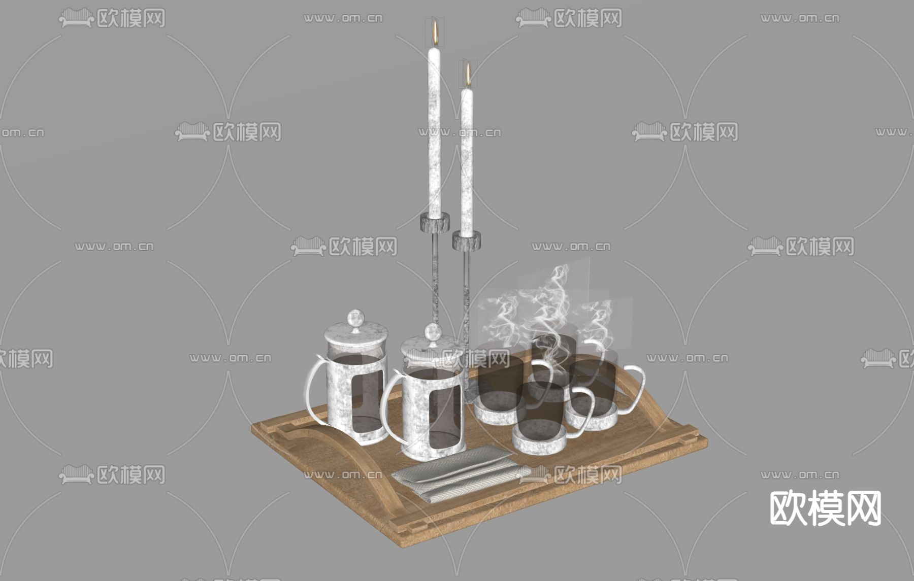 餐具 咖啡杯 咖啡壶 蜡烛摆件su模型下载（渲染图1）