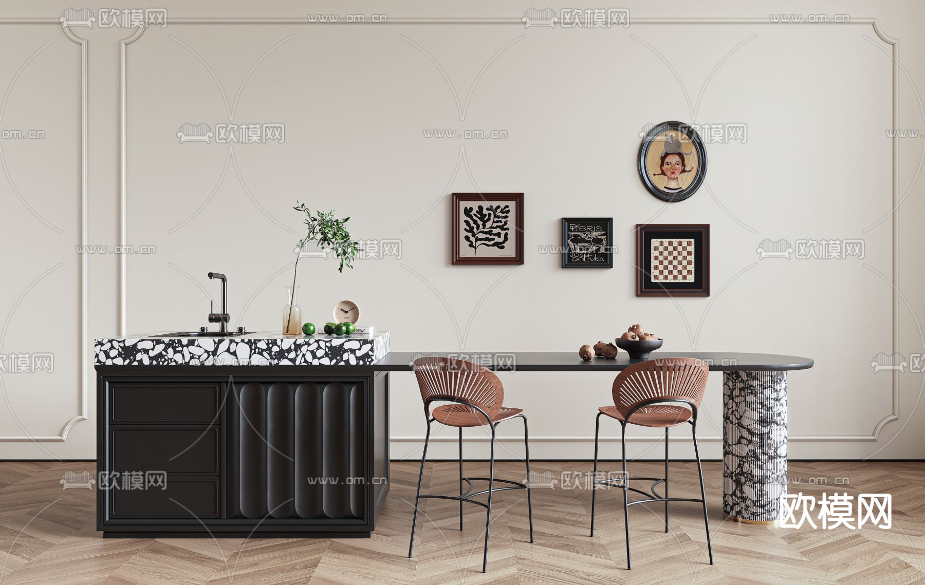 中古风吧台 中岛台3d模型下载
