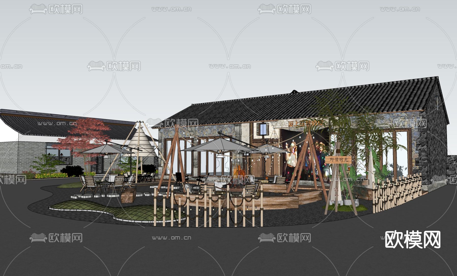 乡村民宿庭院su模型下载（渲染图1）