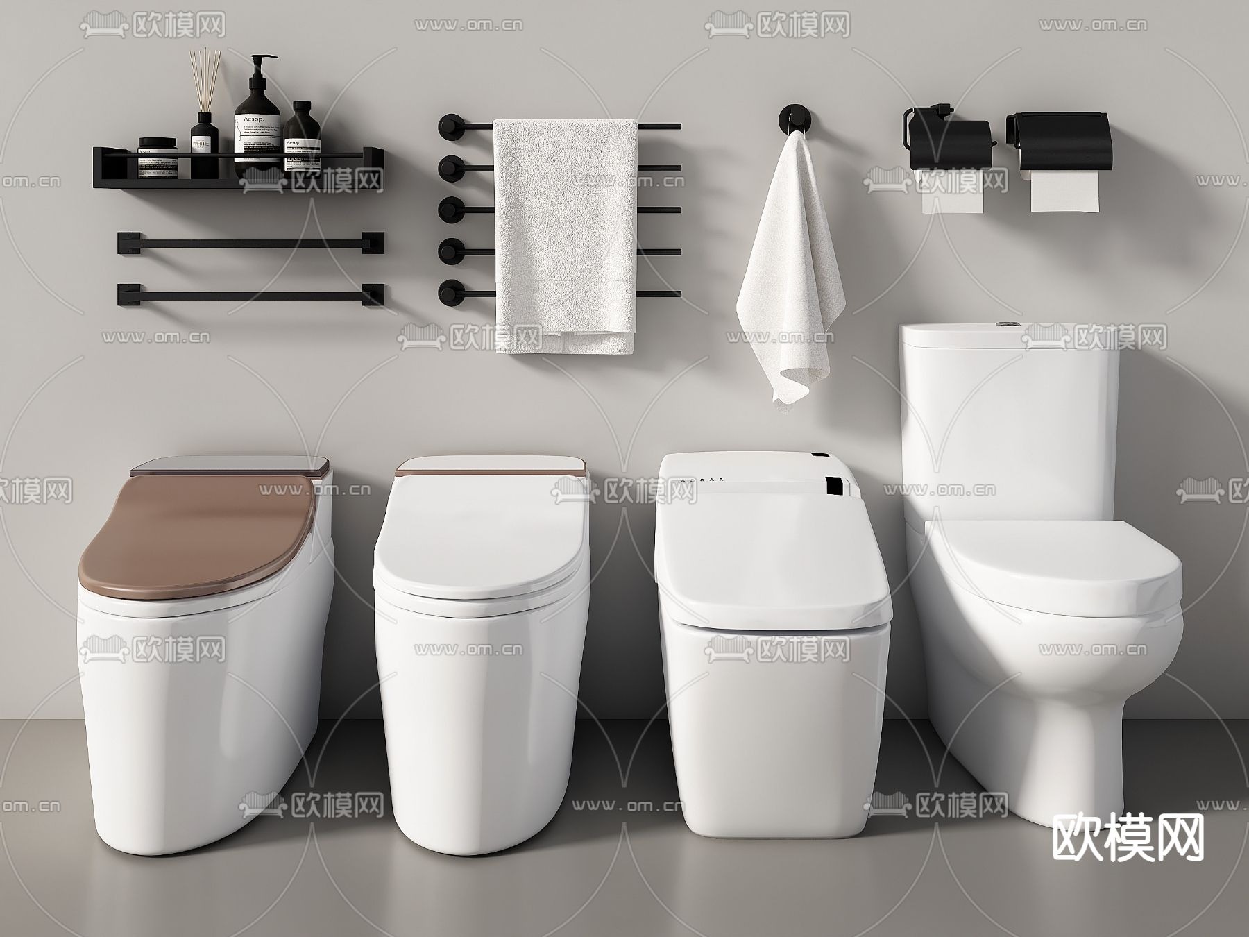 卫浴用品 马桶 坐便器 毛巾架 纸巾盒3d模型下载