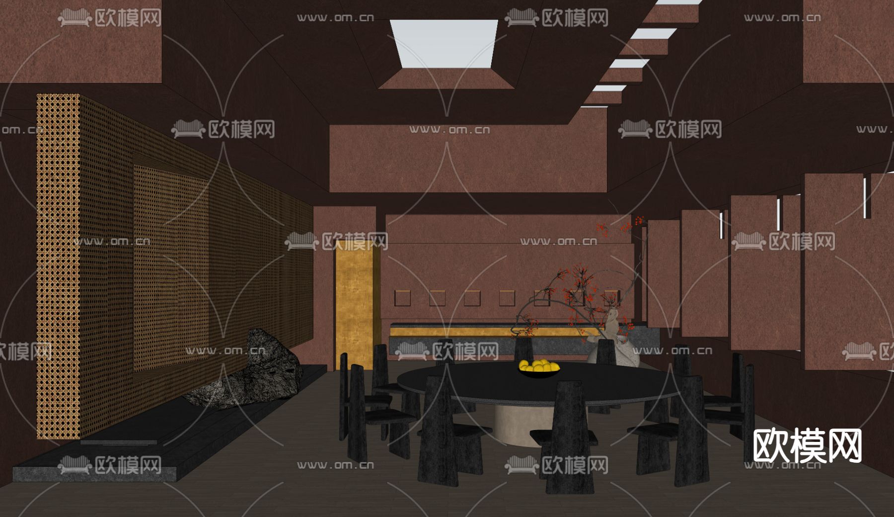 侘寂风餐厅包间su模型