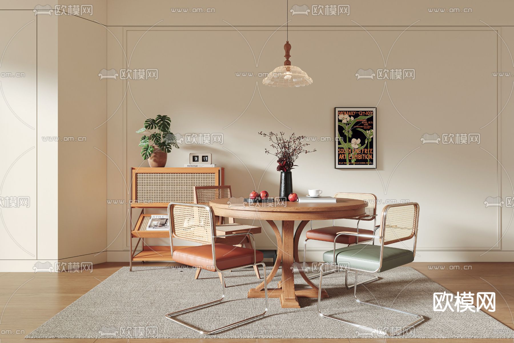 中古风餐桌椅 圆餐桌3d模型下载