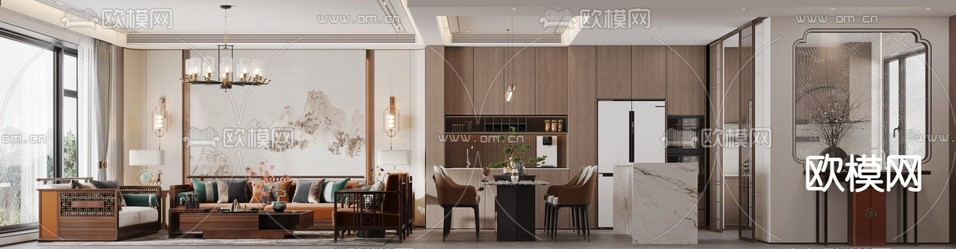 中式客厅 餐厅3d模型下载(渲染图4)