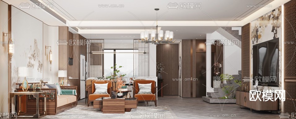 中式客厅 餐厅3d模型下载(渲染图3)