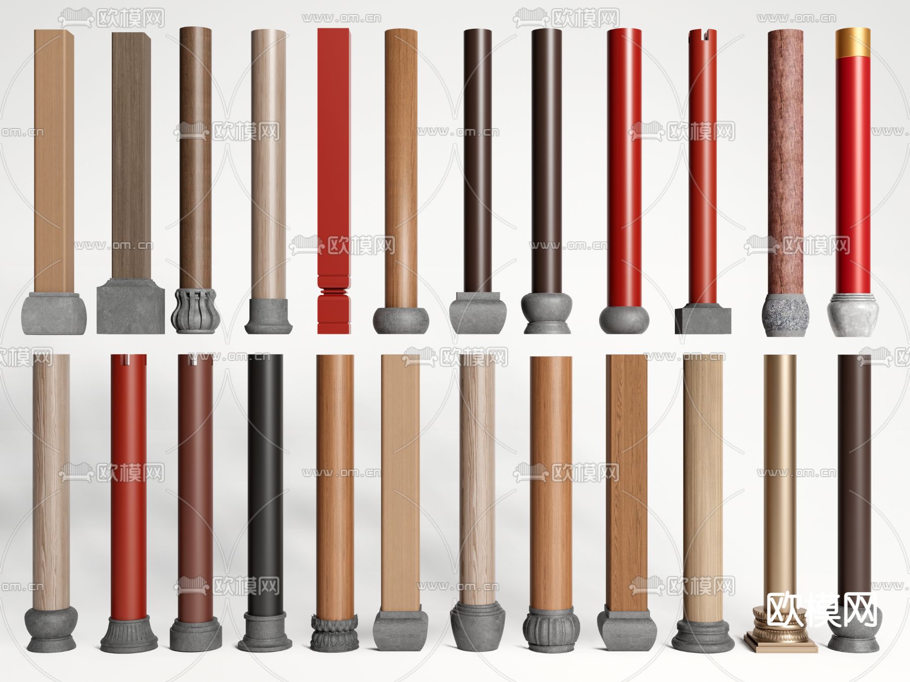 中式柱子 木柱 柱础石3d模型下载