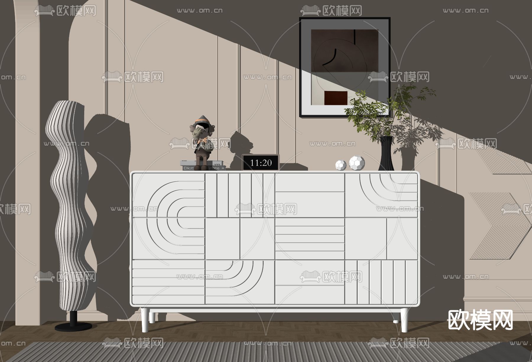 奶油风玄关柜su模型下载（渲染图1）