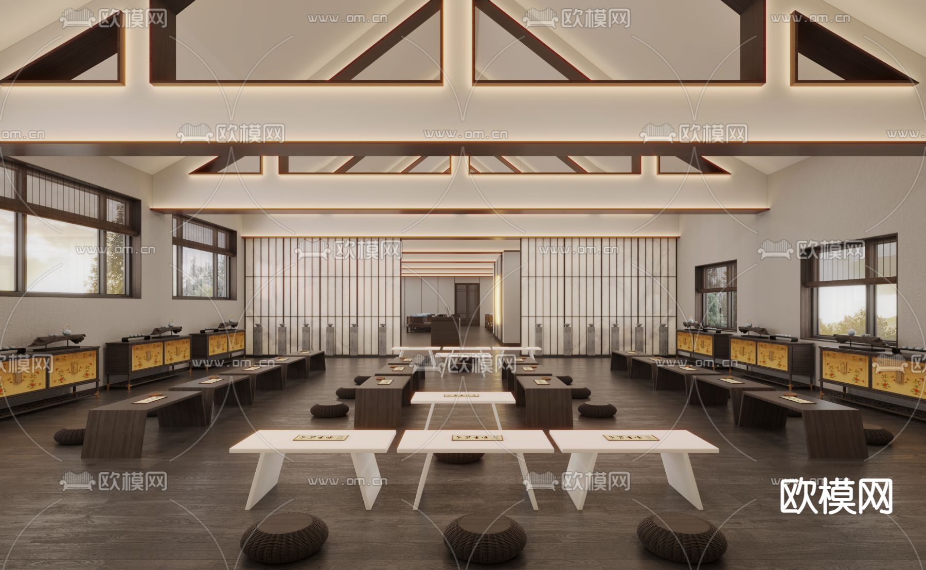 中式国学馆 培训 书法教室3d模型下载（渲染图1）
