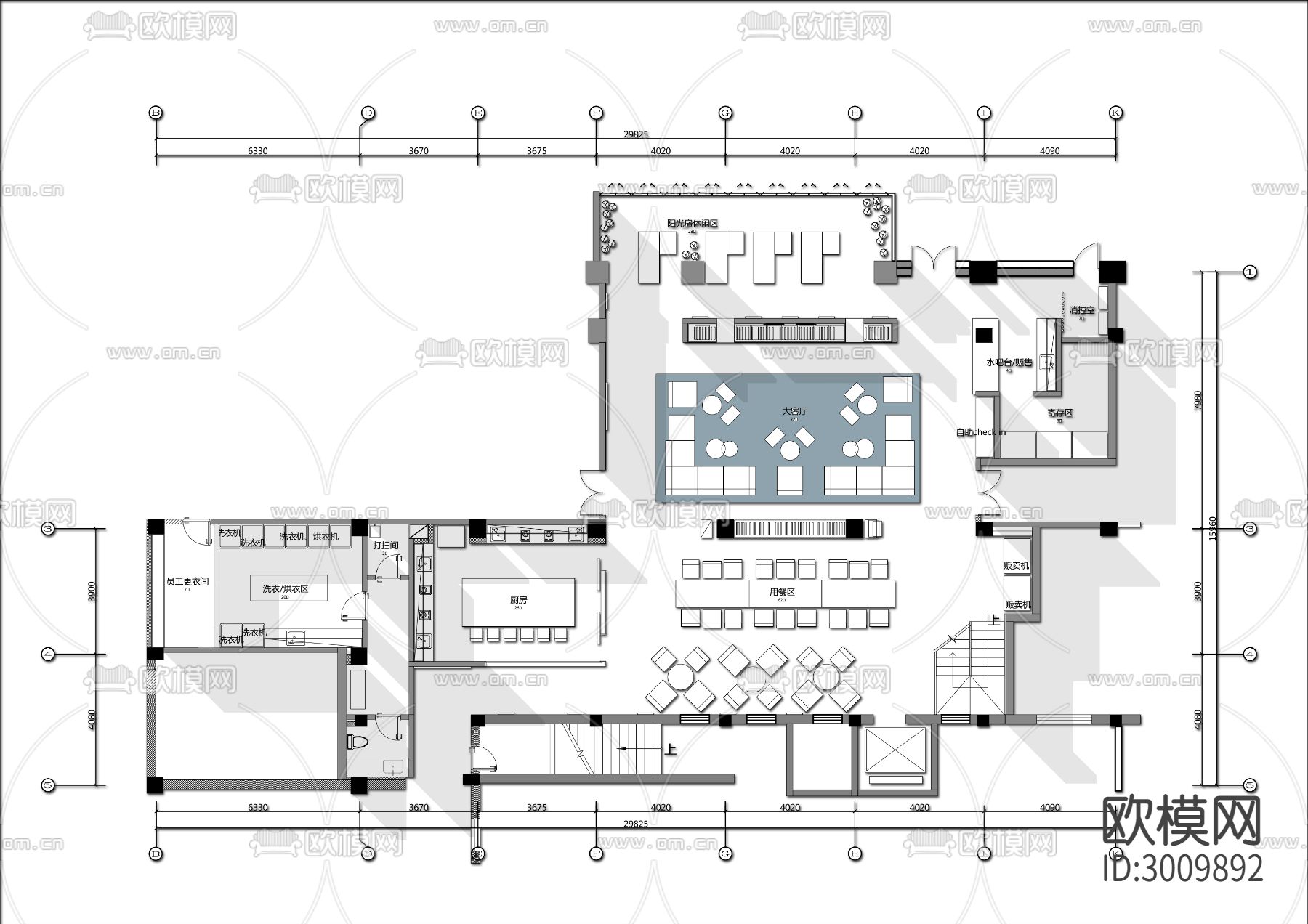300㎡民宿客栈大厅cad平面图下载