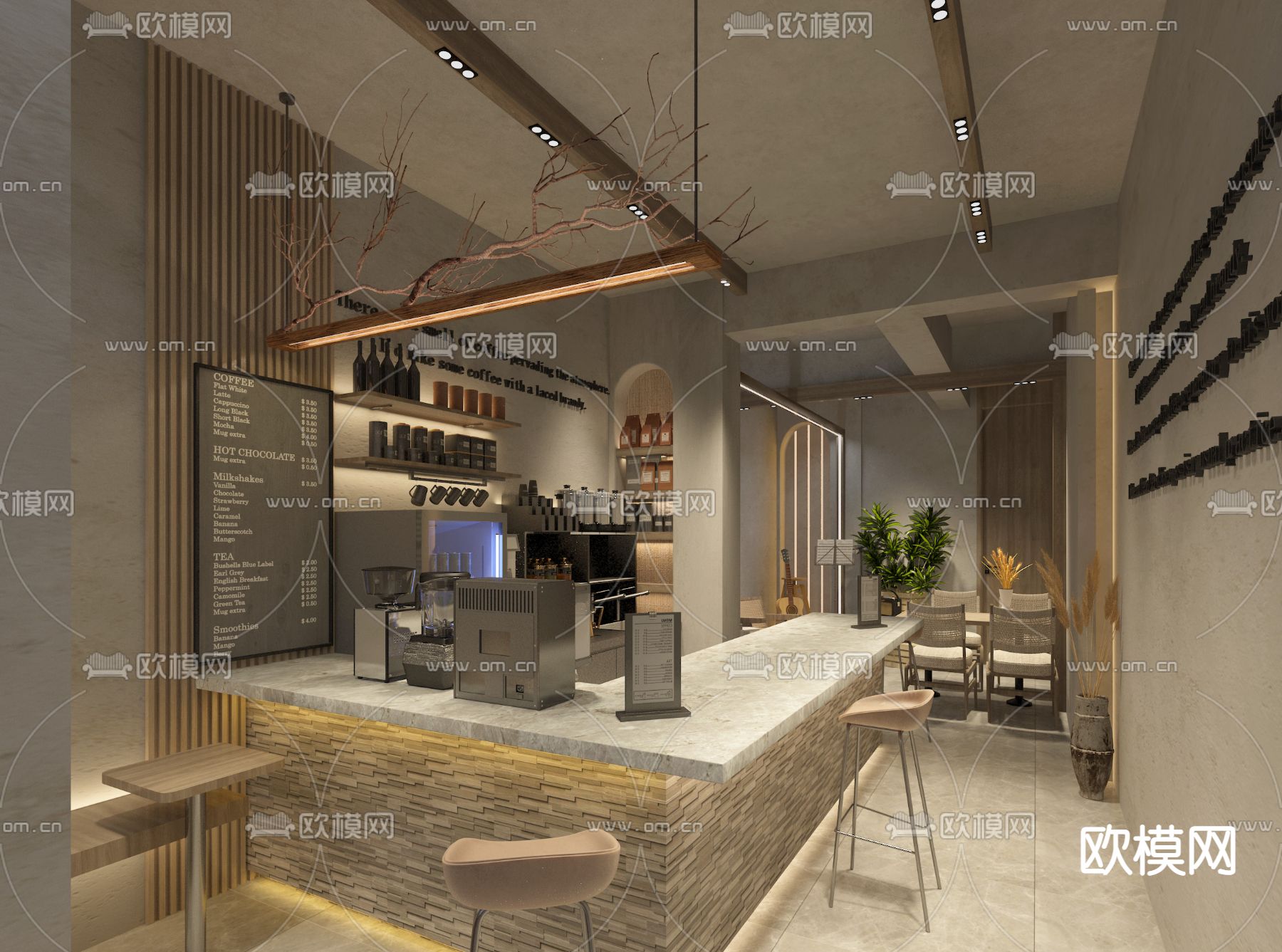 侘寂风酒咖 咖啡店3d模型下载（渲染图1）