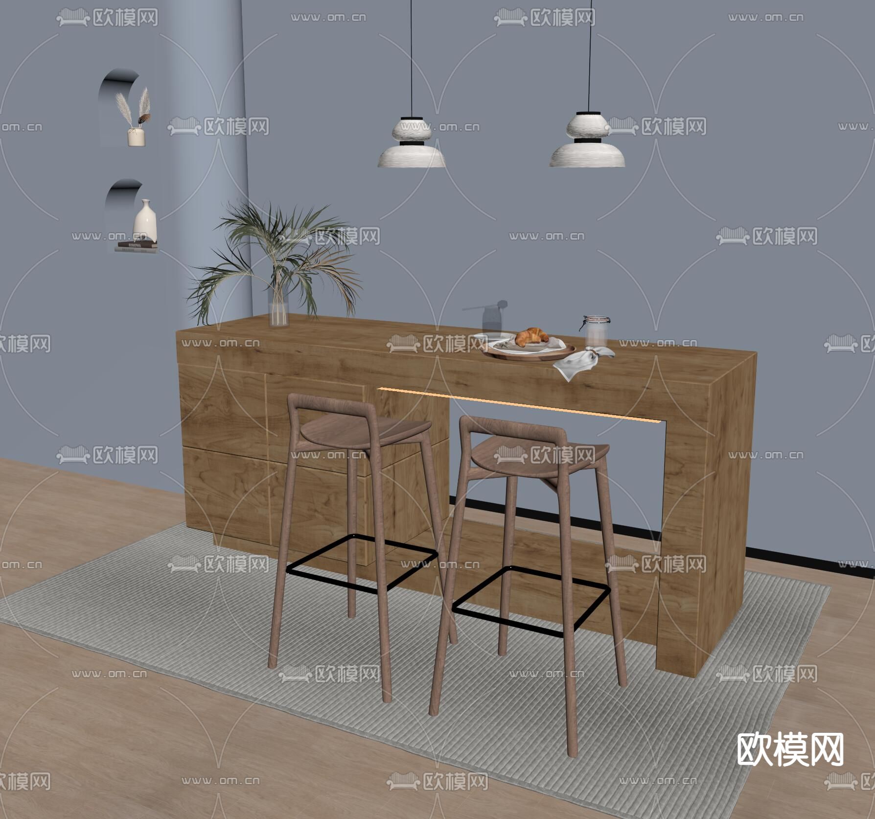 侘寂中岛吧台椅su模型下载（渲染图1）