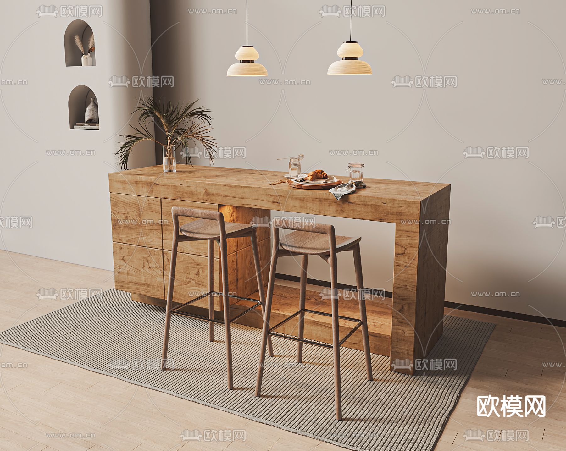 侘寂中岛吧台椅su模型下载（渲染图2）