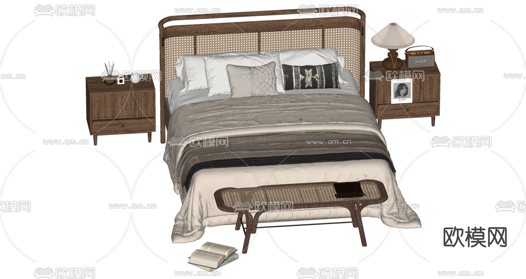 侘寂风双人床su模型下载（渲染图1）