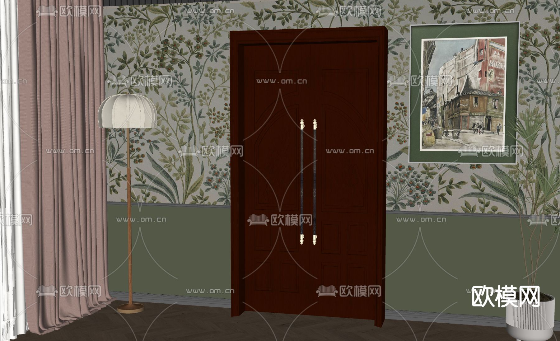美式入户门su模型下载（渲染图1）