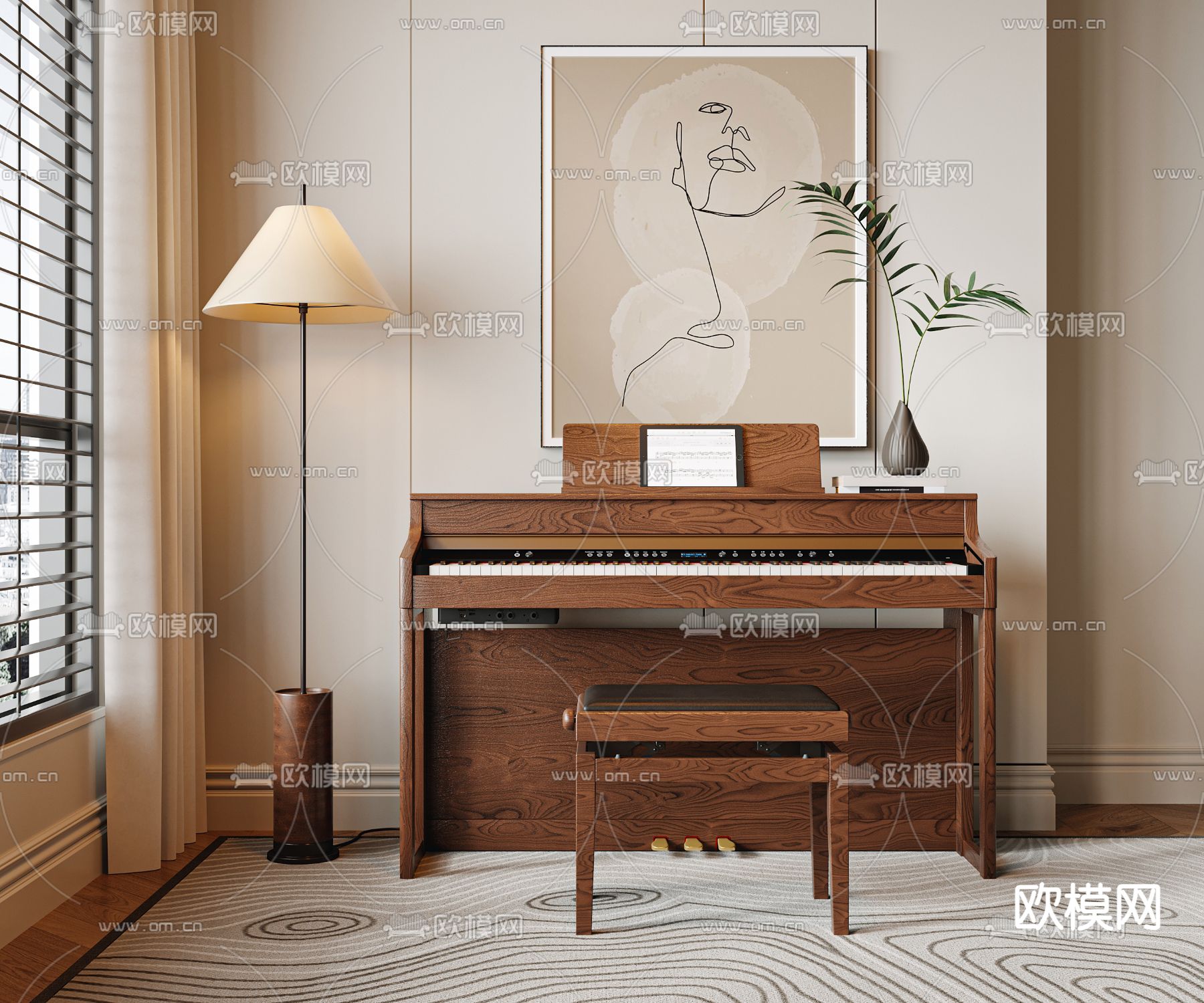 中古风钢琴su模型下载（渲染图2）