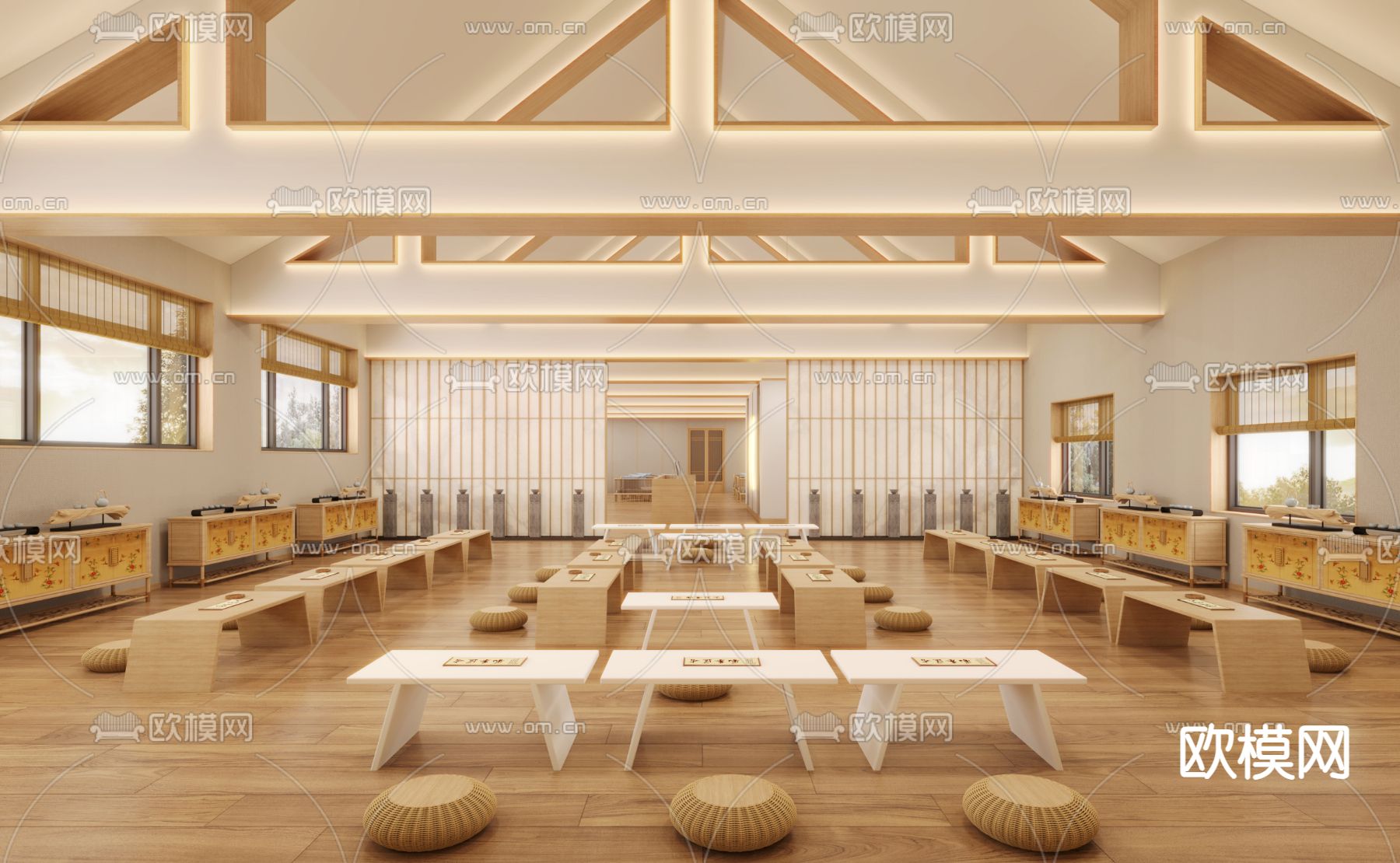 新中式国学馆 培训 书法教室3d模型下载（渲染图1）