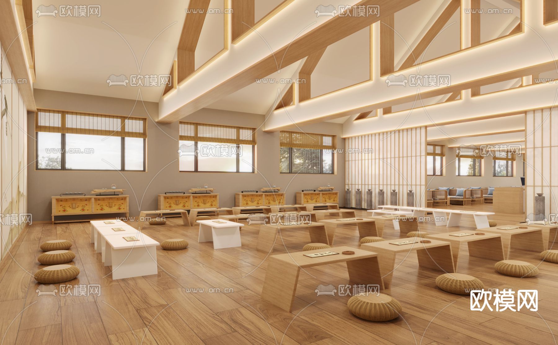 新中式国学馆 培训 书法教室3d模型下载（渲染图3）