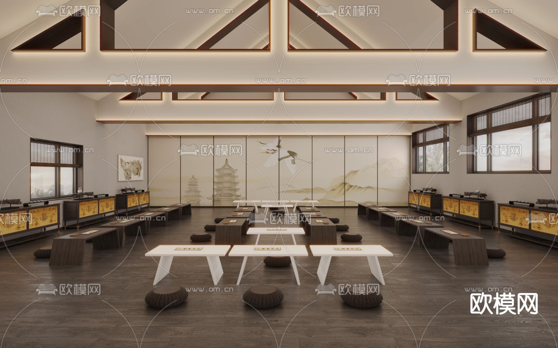 中式国学馆 培训 书法教室3d模型下载（渲染图4）