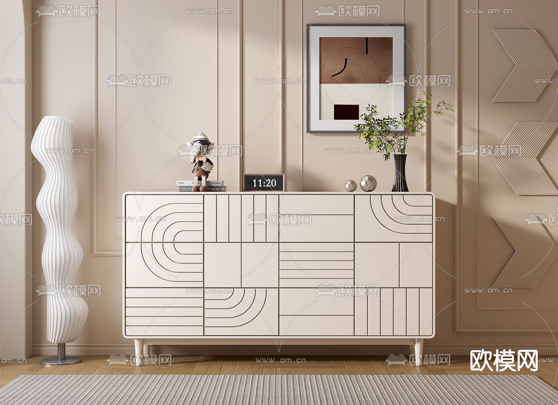 奶油风玄关柜su模型下载（渲染图2）