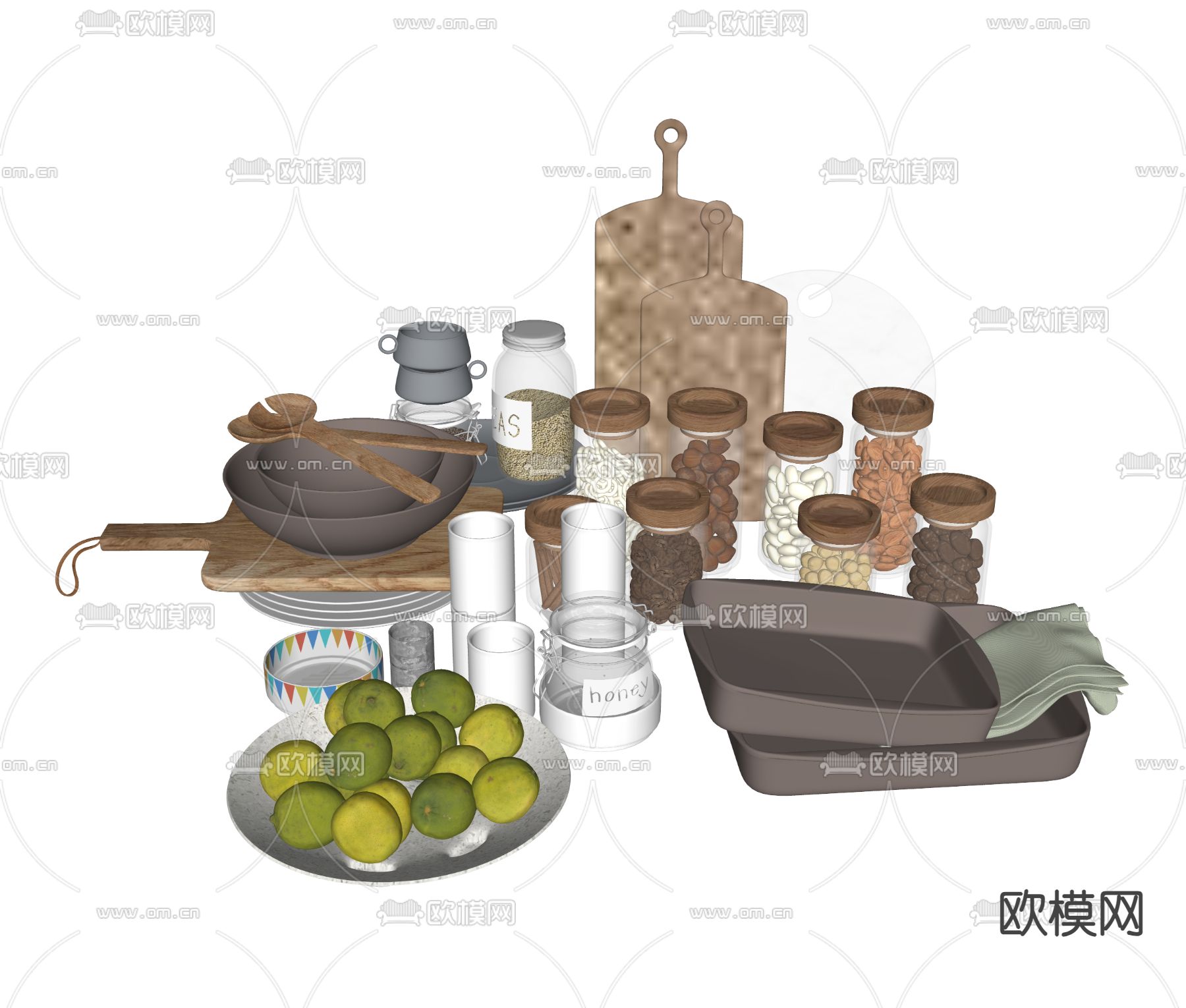 现代厨房用品 砧板 调味料su模型下载（渲染图1）
