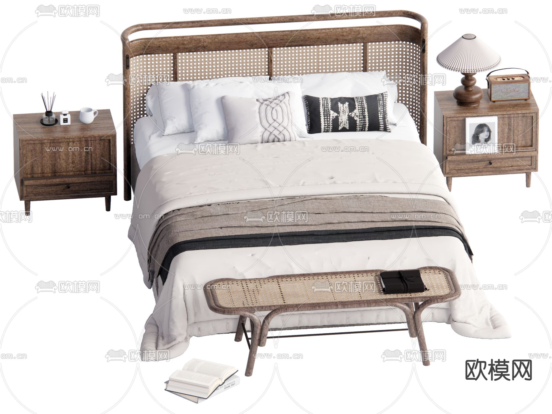 侘寂风双人床su模型下载（渲染图2）