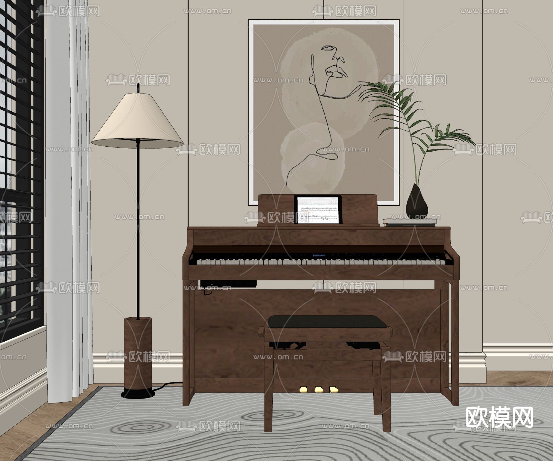 中古风钢琴su模型下载（渲染图1）