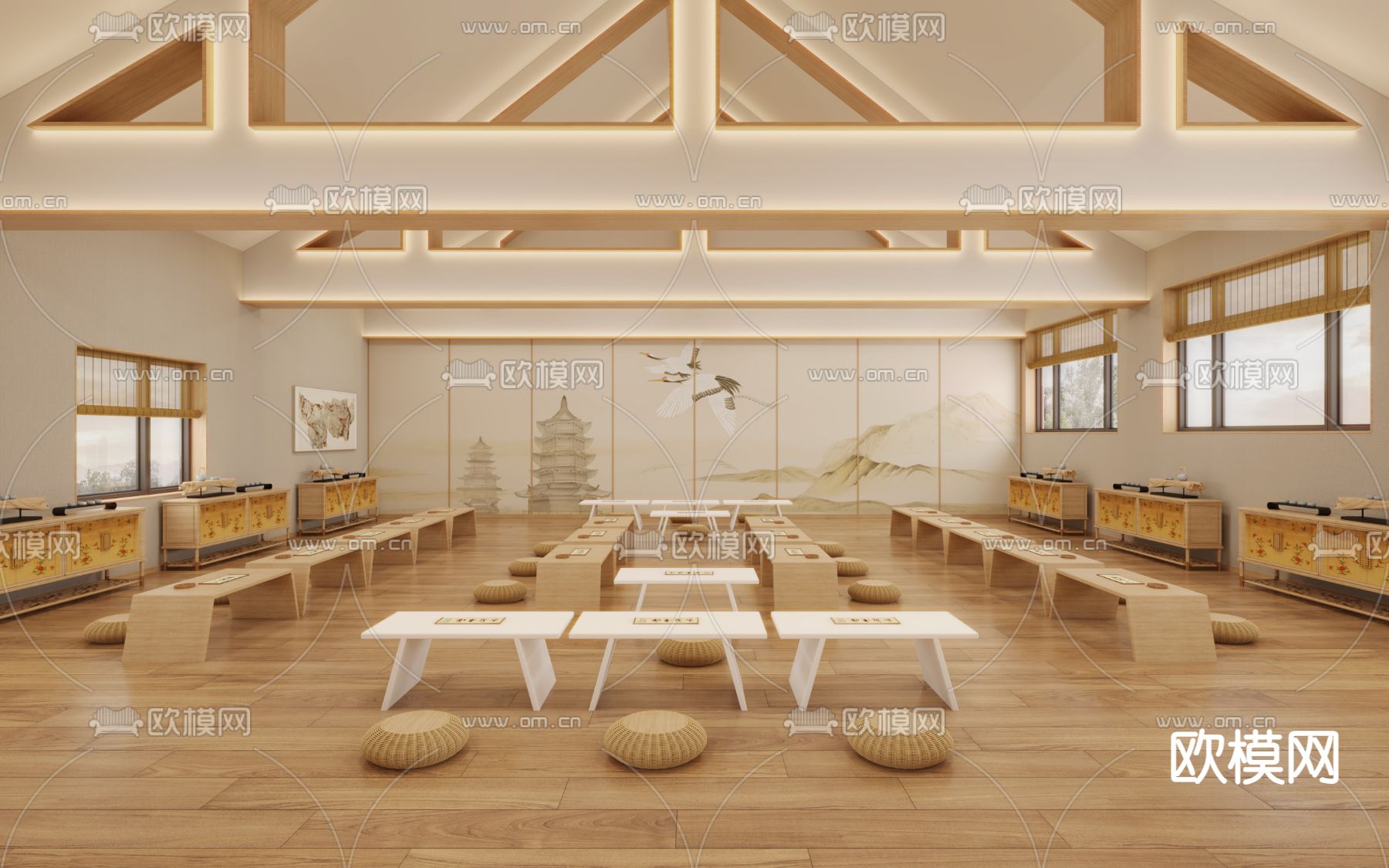新中式国学馆 培训 书法教室3d模型下载（渲染图4）