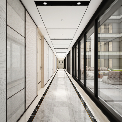  现代公司走廊 办公走廊su模型 