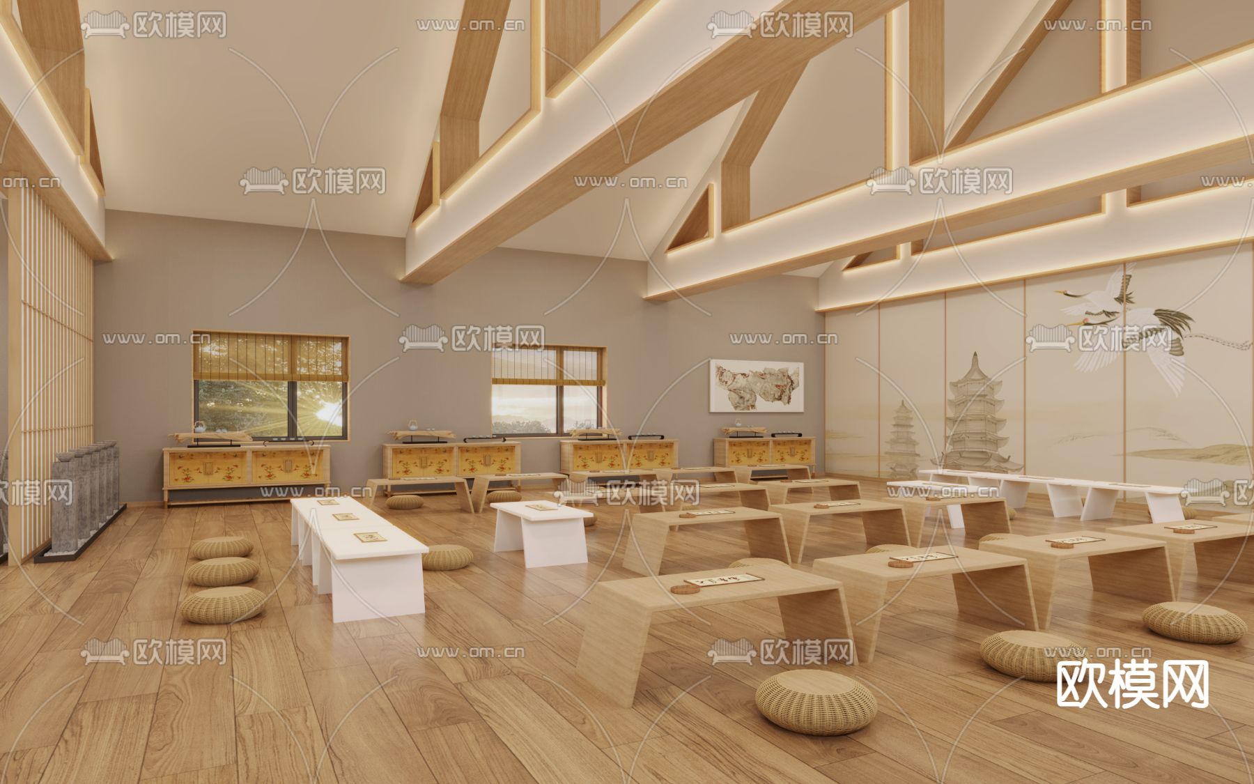 新中式国学馆 培训 书法教室3d模型下载（渲染图2）
