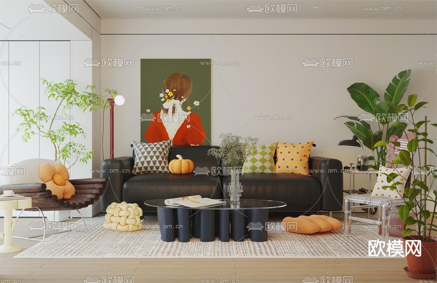 现代客厅 餐厅3d模型下载(渲染图1)