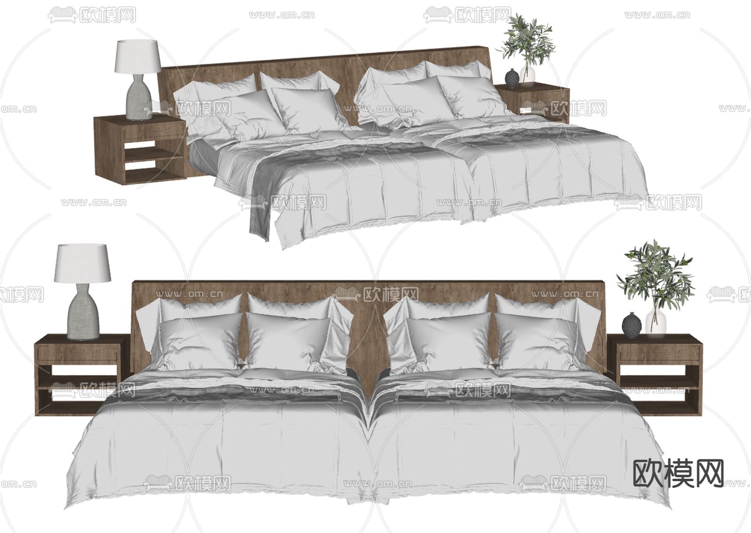 侘寂风酒店双人间 双床房su模型下载（渲染图1）