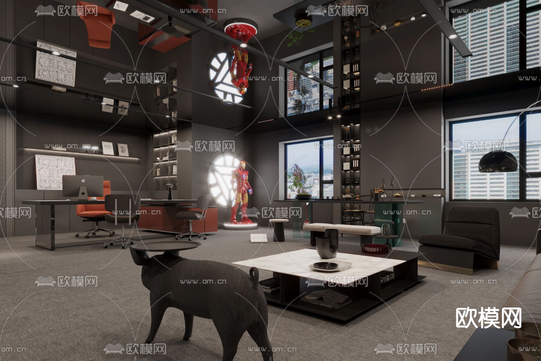暗黑风总经理室 董事长室3d模型下载（渲染图3）