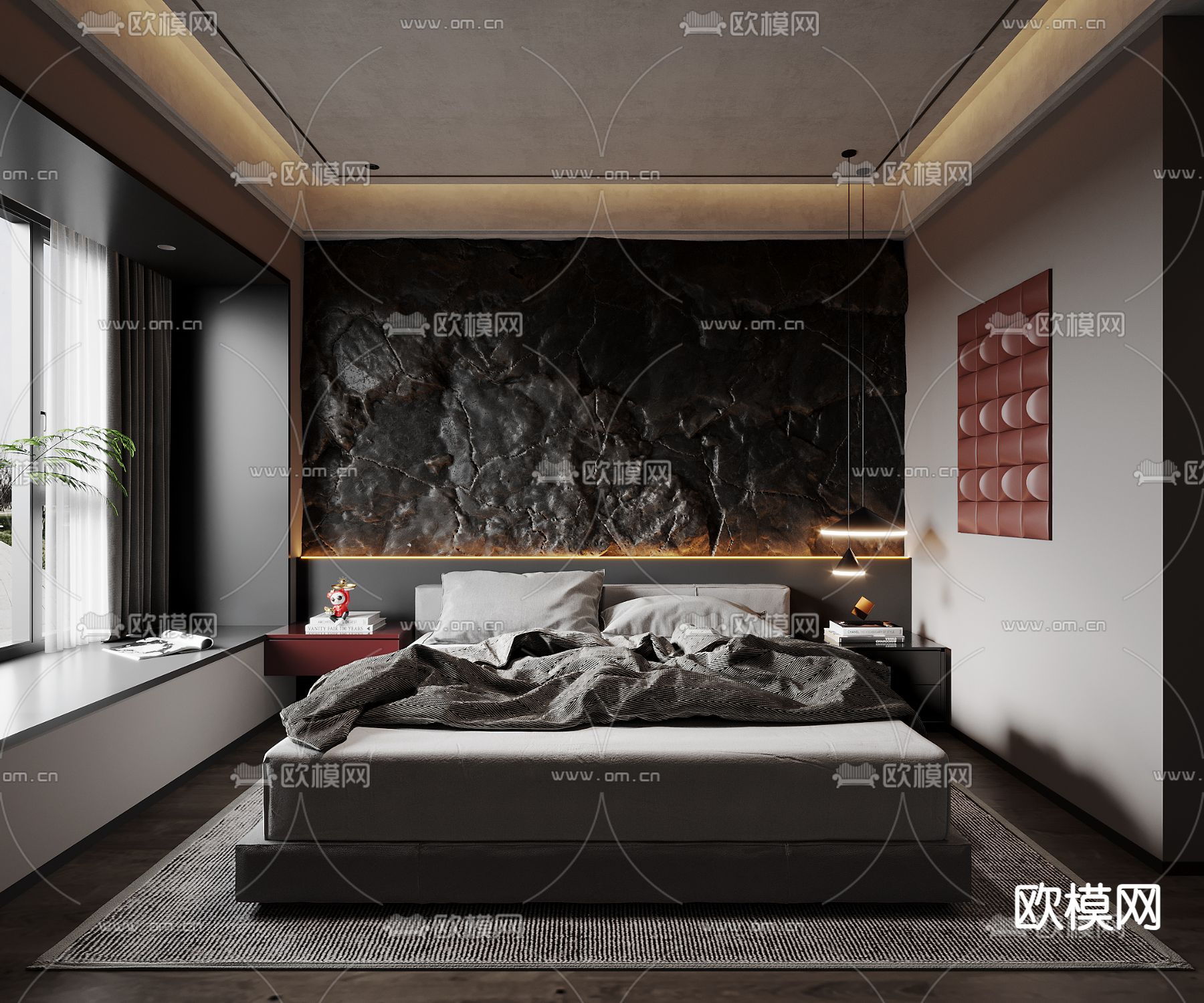 暗黑风卧室 主卧 主人房3d模型下载（渲染图1）