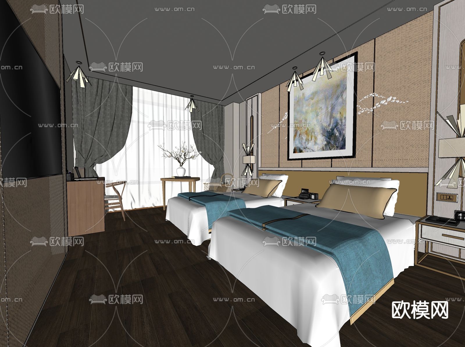 新中式酒店客房su模型下载（渲染图1）