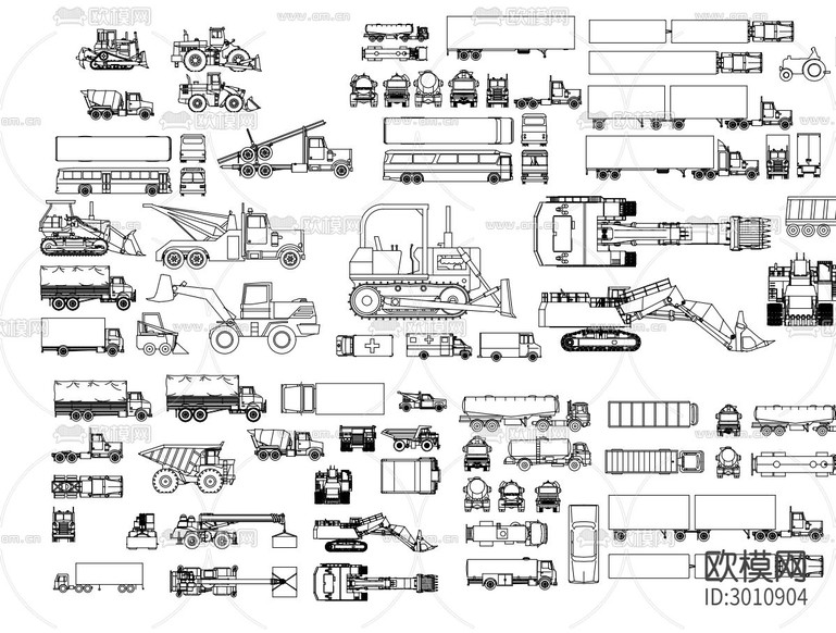 2024大型卡車 推土車 挖機(jī)大全cad圖庫(kù)下載(渲染圖3)