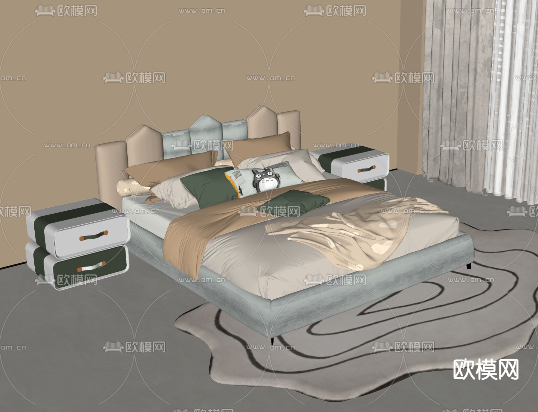 现代儿童床su模型下载（渲染图1）