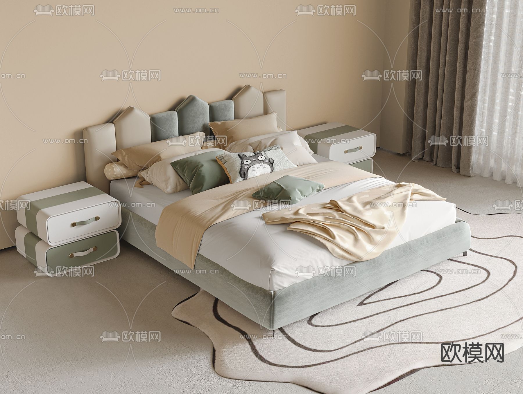 现代儿童床su模型下载（渲染图2）