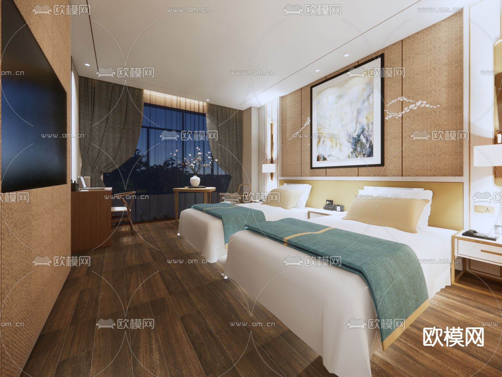 新中式酒店客房su模型下载（渲染图2）
