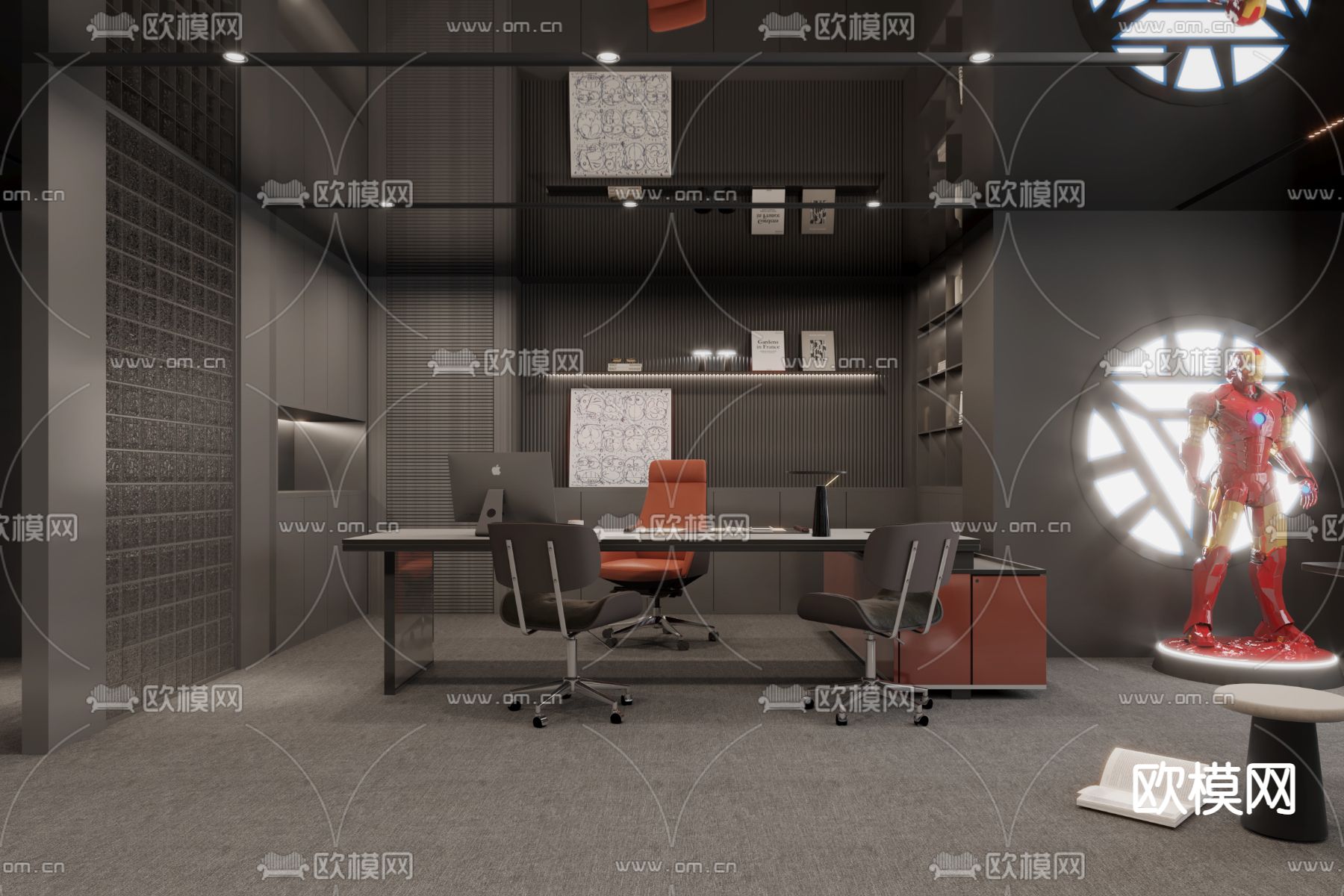 暗黑风总经理室 董事长室3d模型下载（渲染图1）