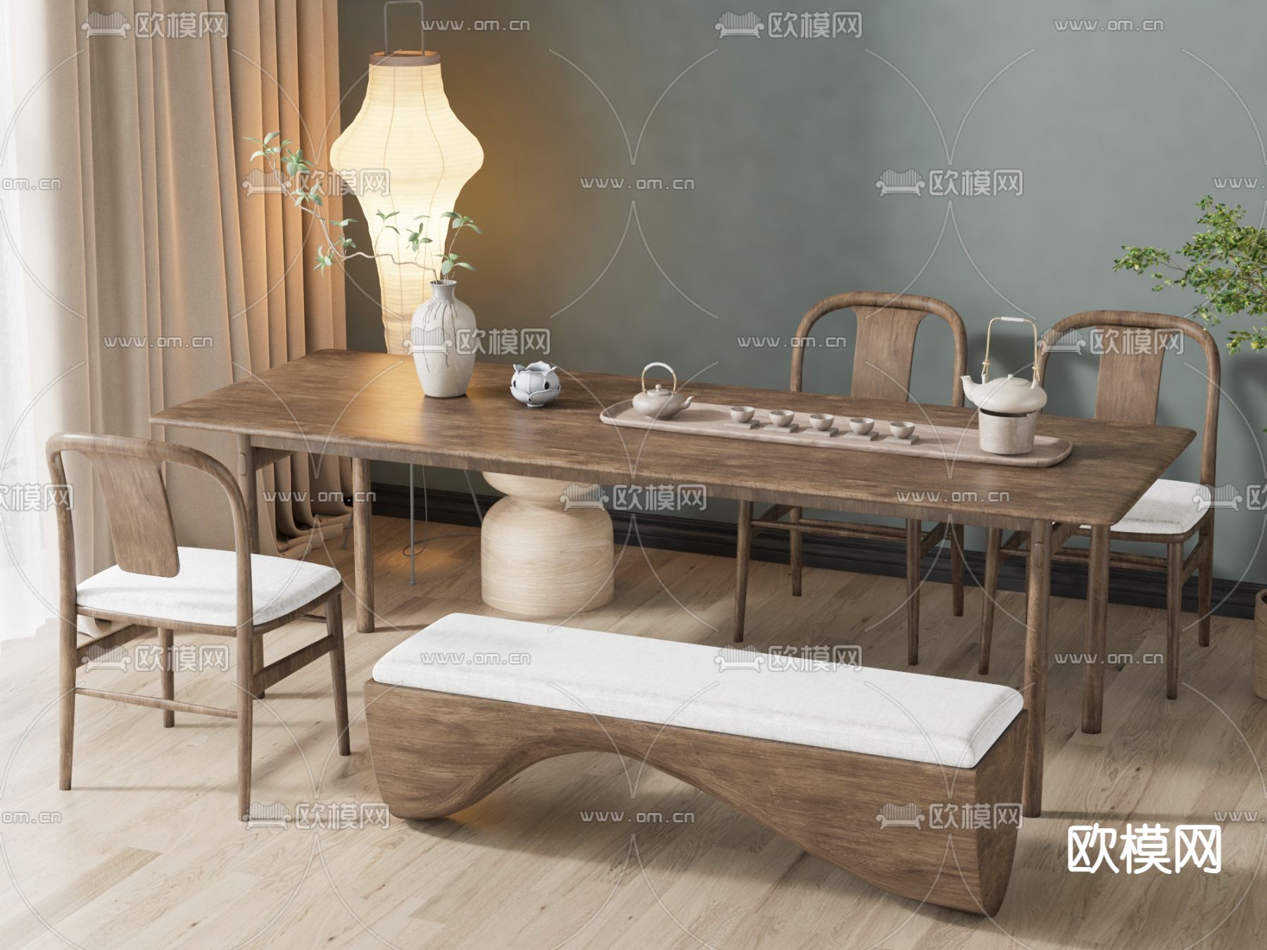 新中式茶桌椅su模型下载（渲染图2）