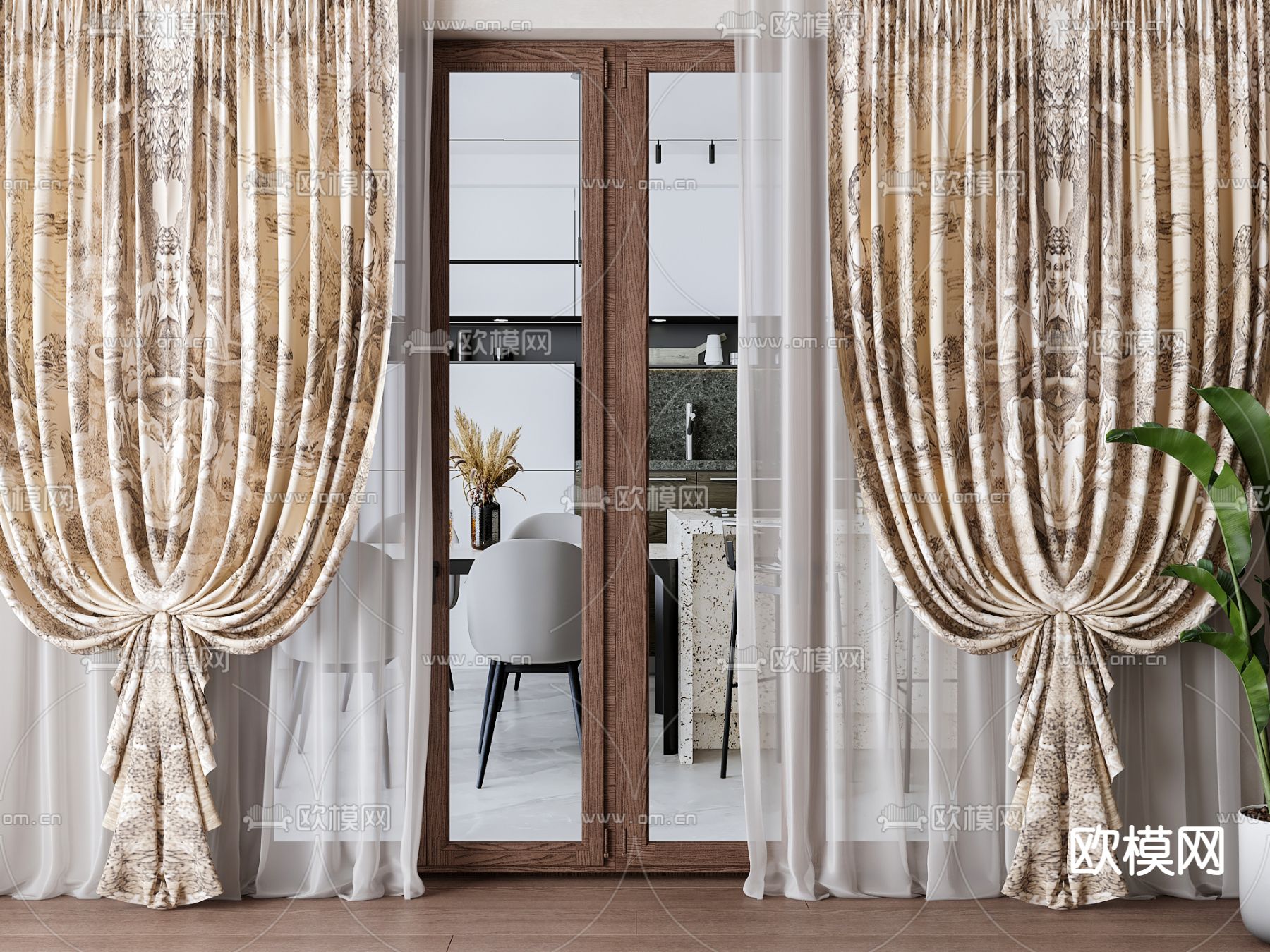 美式窗帘 窗纱3d模型下载