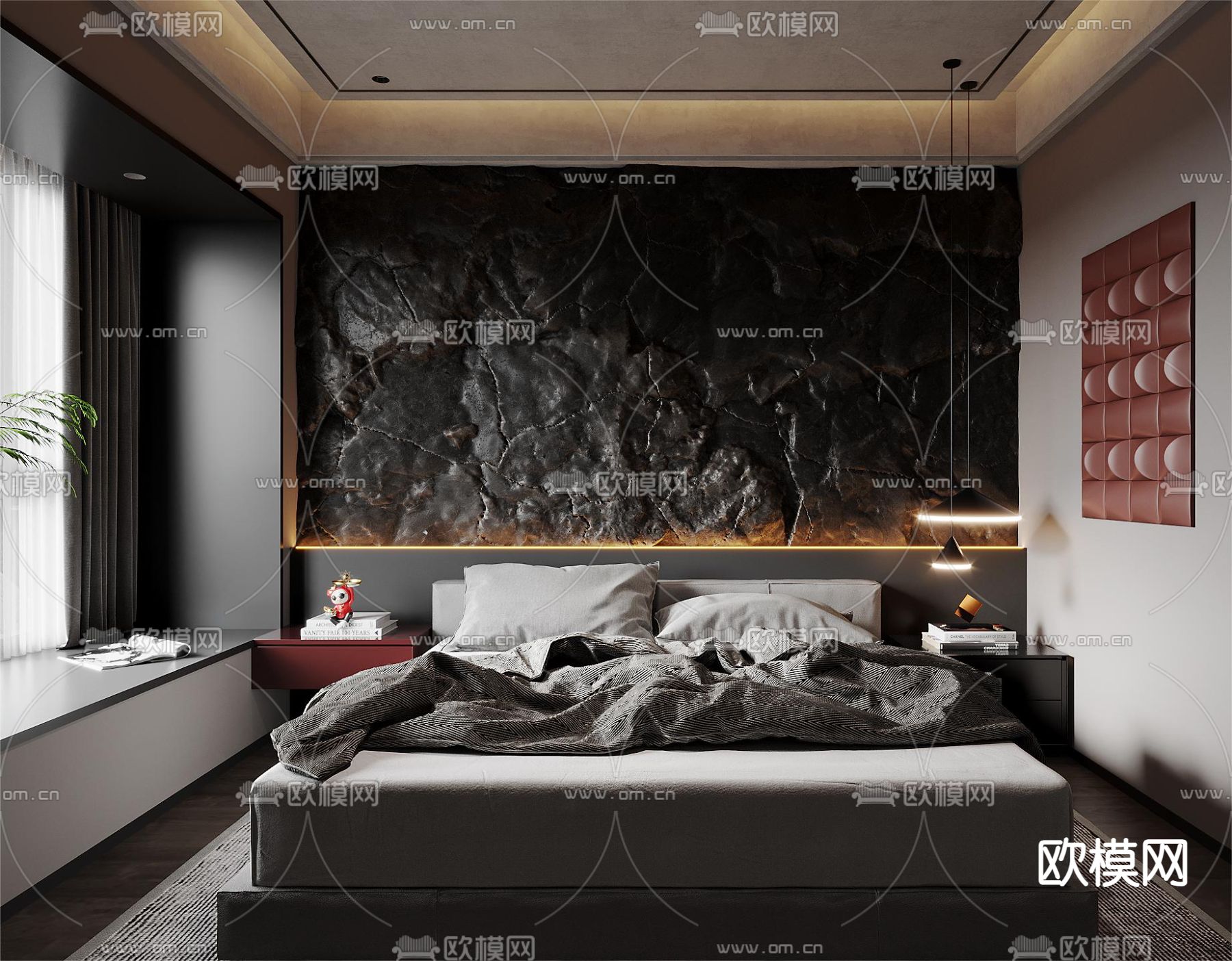暗黑风卧室 主卧 主人房3d模型下载（渲染图2）