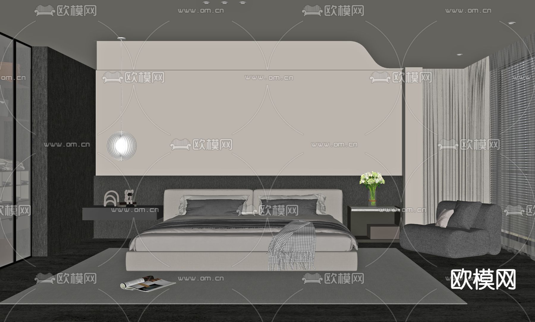 暗黑风卧室su模型下载（渲染图1）