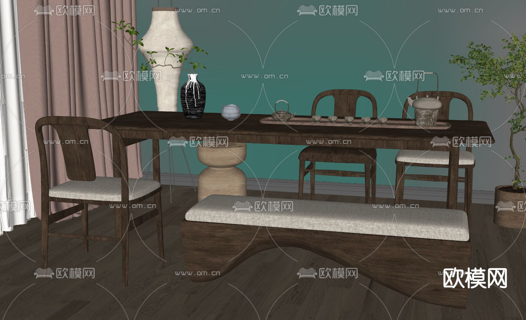 新中式茶桌椅su模型下载（渲染图1）