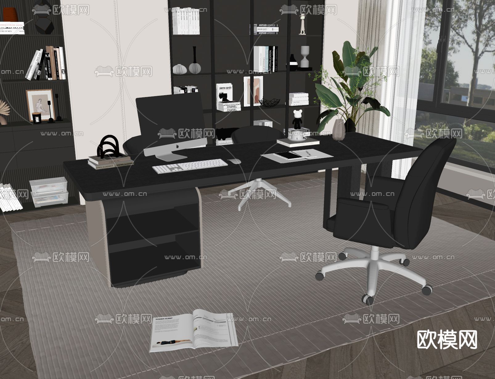 现代班台桌椅su模型下载（渲染图1）