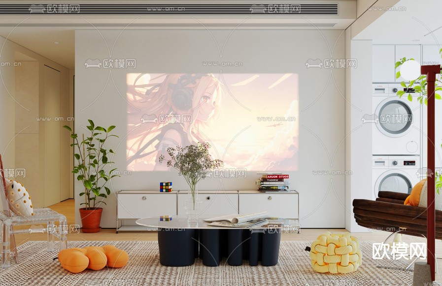 现代客厅 餐厅3d模型下载(渲染图4)