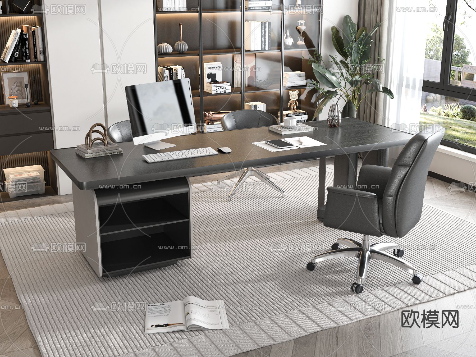 现代班台桌椅su模型下载（渲染图2）