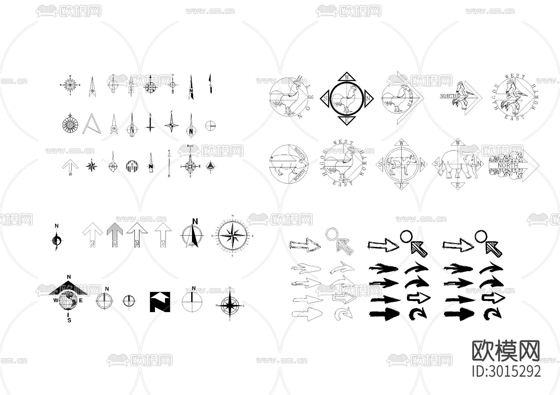 方向方位标牌指示图块cad图库下载（渲染图1）