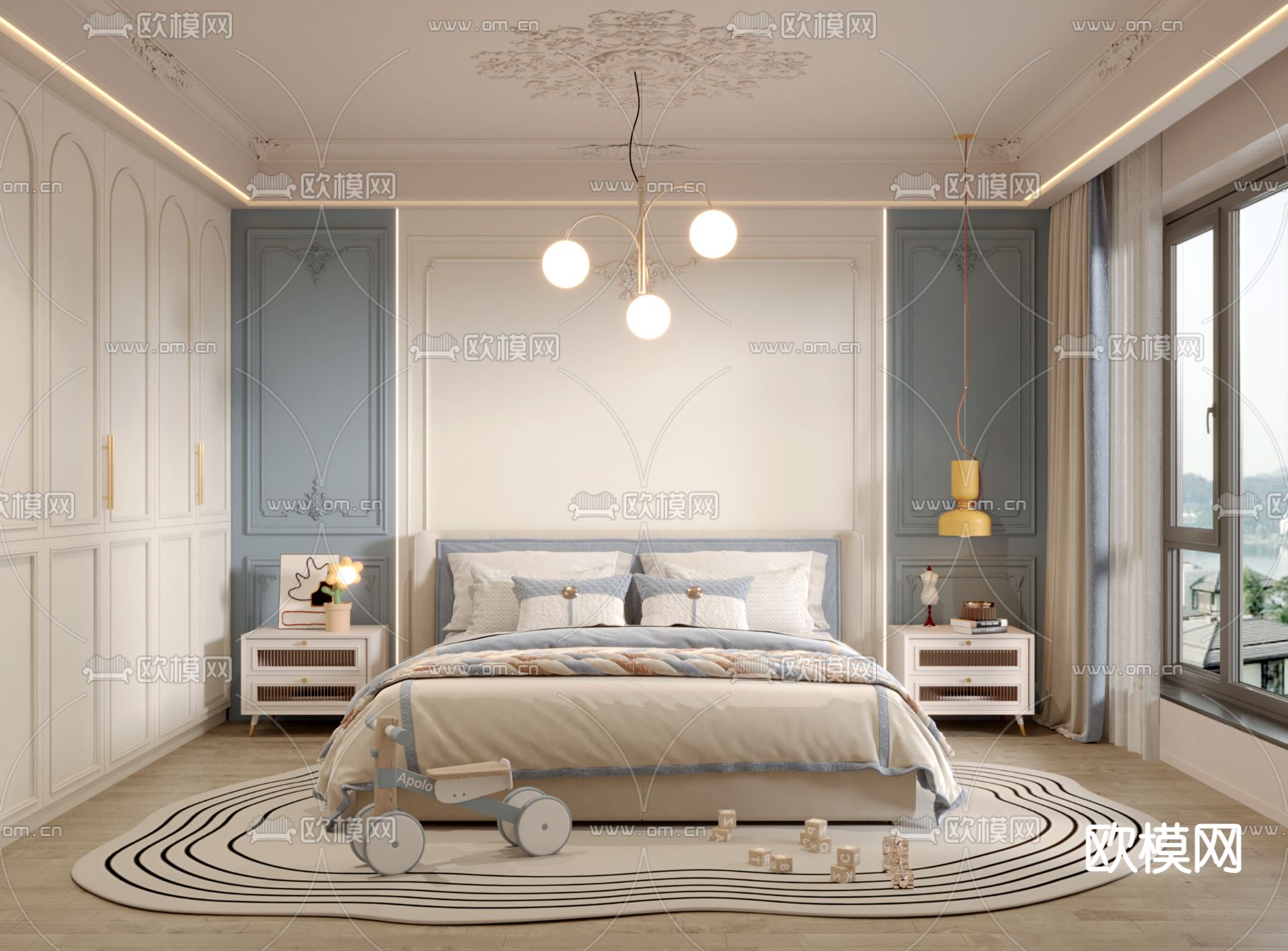 法式儿童房 男孩房 小孩房3d模型下载（渲染图1）