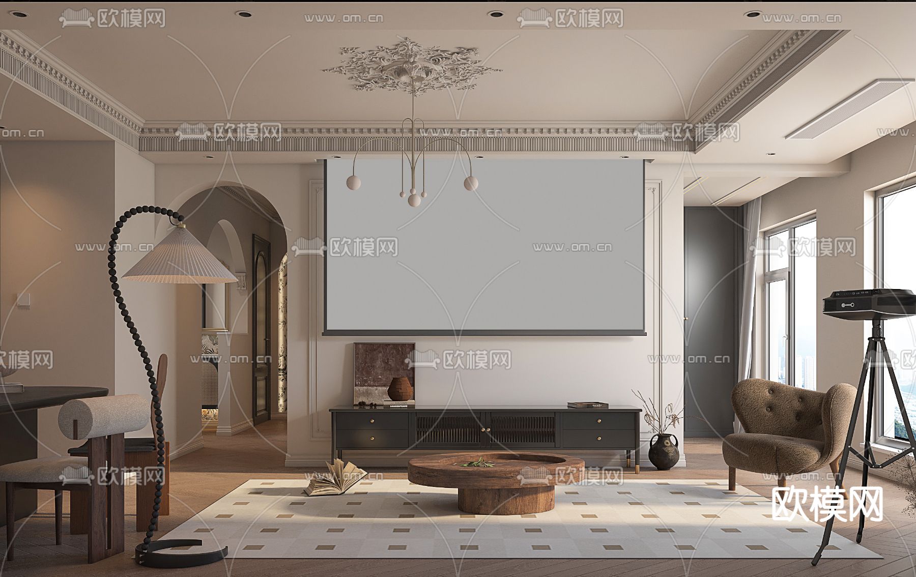 中古风客厅 餐厅3d模型下载（渲染图2）