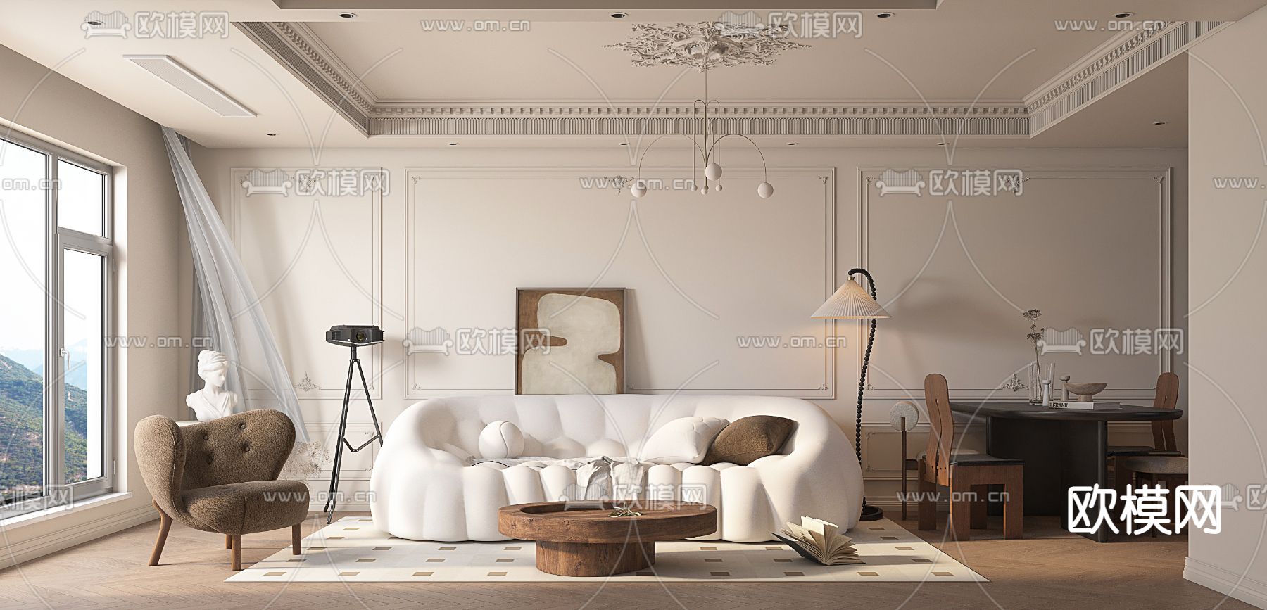 中古风客厅 餐厅3d模型下载（渲染图1）